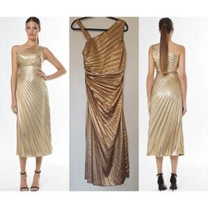 Carla Ruiz Gold Shimmer Pleated One-Shoulder Dress with Diamante Waist – Size 40